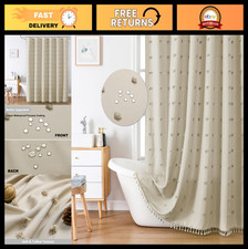 Beige Floral Shower Curtain with Tassels, Tufted Farmhouse Style, 72" x 72