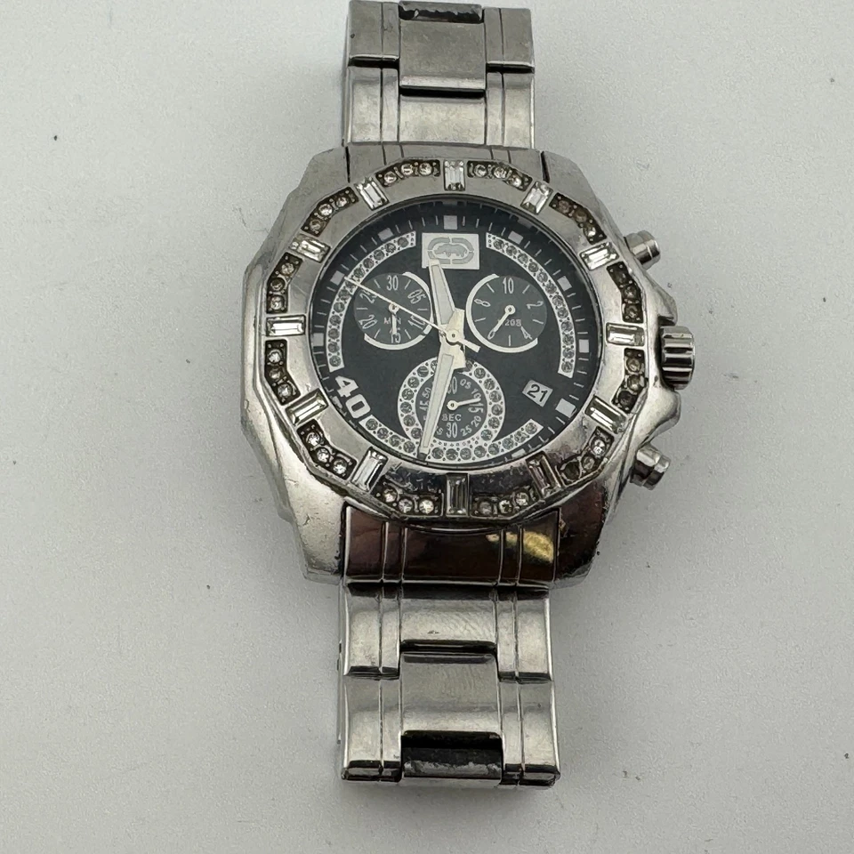 Marc Ecko Quartz Watch Men 30m Silver Rhinestone Chronograph New Battery 7.25" - image 2 of 4