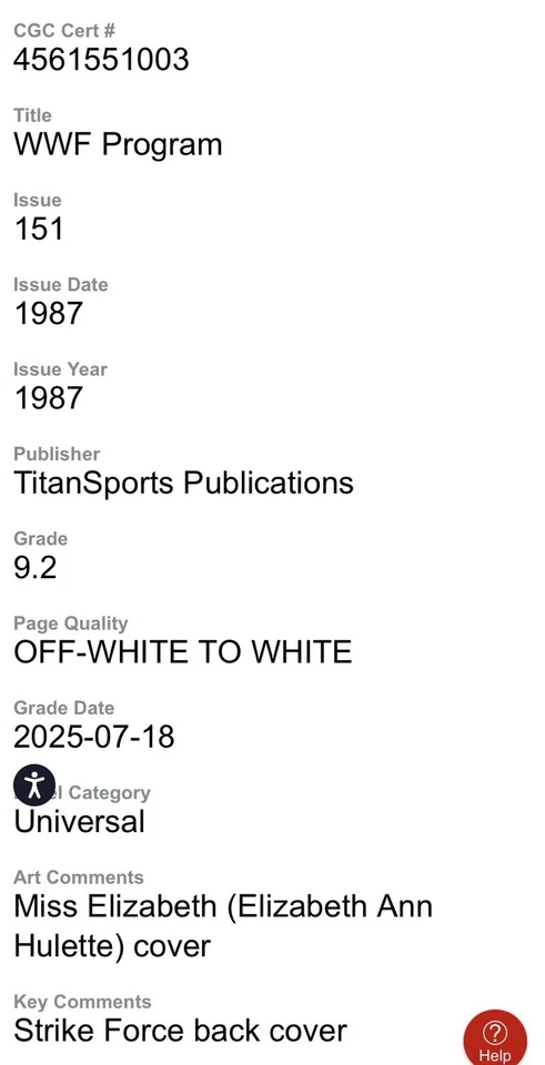 WWF Program No. 151 Miss Elizabeth On Cover 1987 CGC 9.2 Strike Force Back Cover - Image 3 of 3