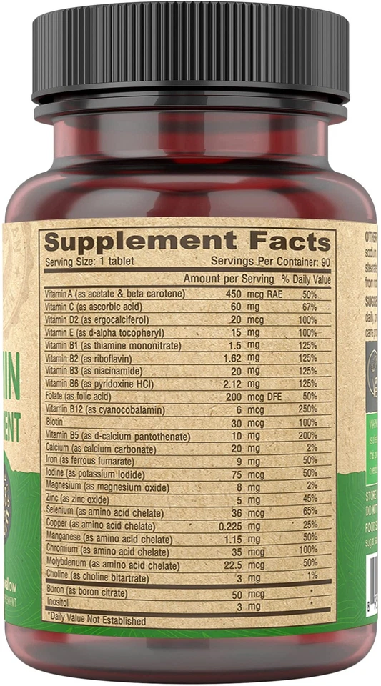 Vegan Multivitamin 90 Count Antioxidants Vitamins C E D B Complex Tablets - Image 4 of 4