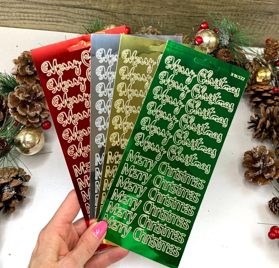 Merry Christmas peel off sticker gold red silver green foiled homemade xmas card