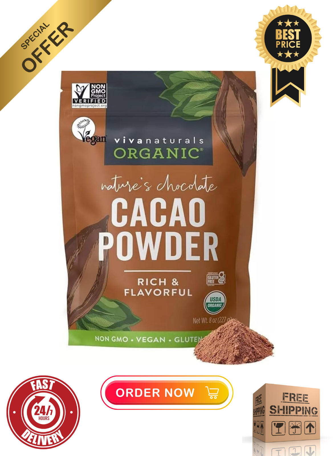 Organic Unsweetened Cacao Powder with Rich Dark Chocolate Flavor NEW