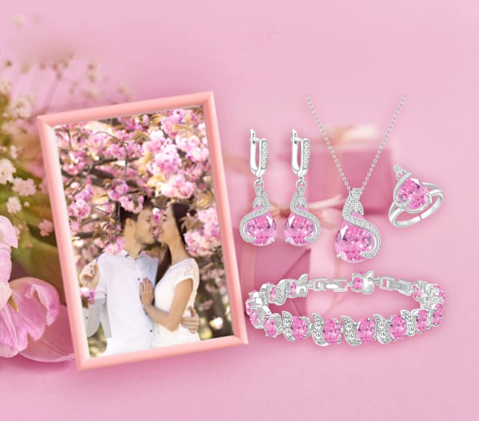 Pink Stone Jewelry Set for Women Water Drop Necklace Earrings Open Ring