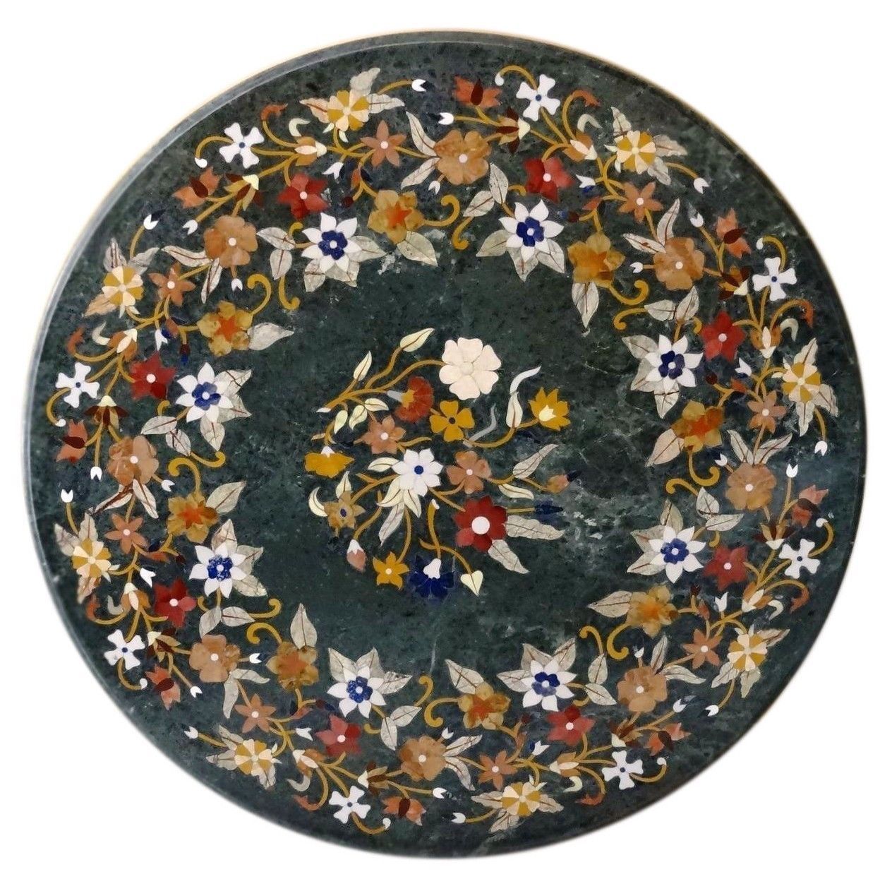 36-inch Handcrafted Pietra Dura Marble Table Top with Semi-Precious Stone Inlay