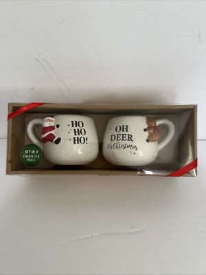 Eccolo Holiday Christmas Ceramic Mugs Oh Deer Ho Ho Ho Set of 2 NEW in Box