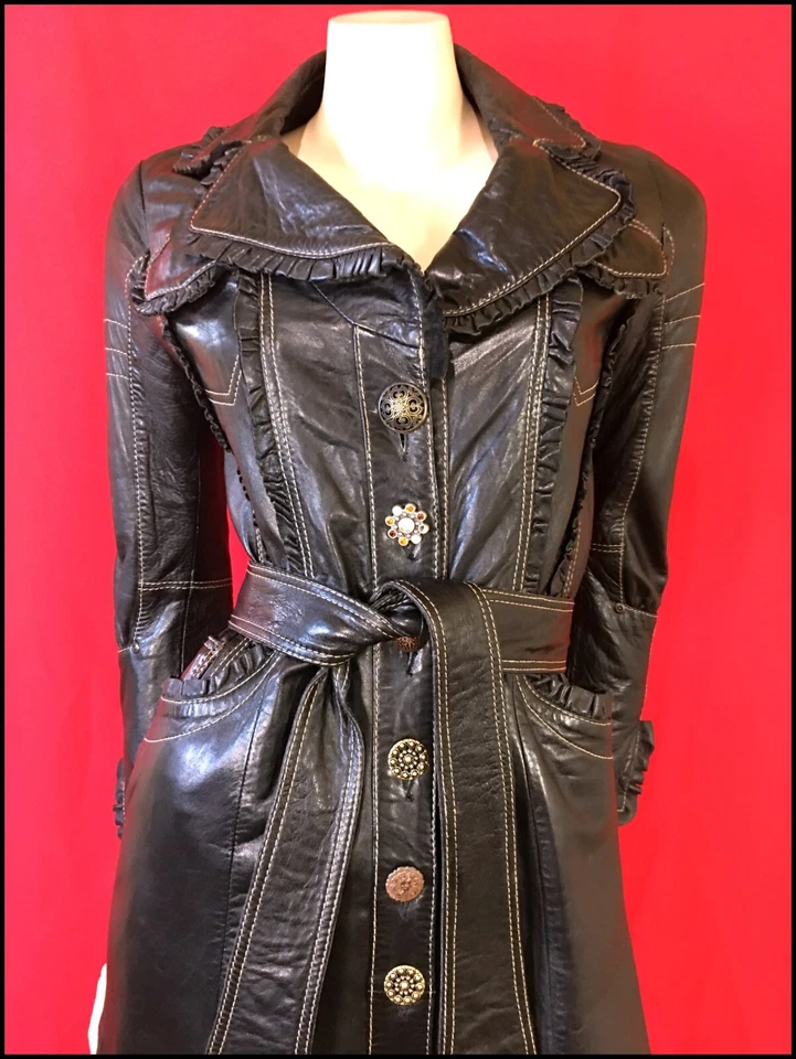 Dress in DESIGNER ROUGE Genuine SOFT LEATHER Trench BLACK Belted COAT size XS - Image 3 of 4