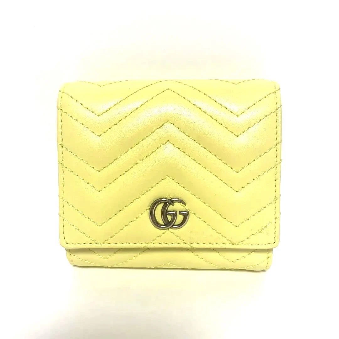 Gucci GG Marmont Yellow Mini Bifold Wallet Leather Silver Hardware
