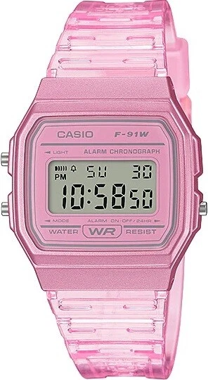 Casio Unisex Quartz Alarm Chronograph Clear Pink 35mm Digital Watch F91WS-4