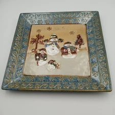 St Nicholas Square Forest Friends 11" square plate, oven proof, snowmen, trees