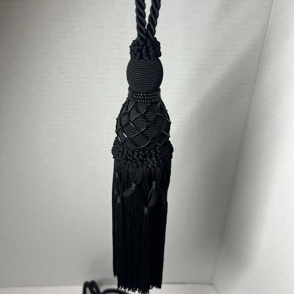 2 borlas para cortinas con cuentas y anudadas de cordón crucícal negro Foto 4 de 4