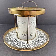 Vintage Mid Century Brass  Etched Glass Flush Mount Ceiling Light Fixture READ