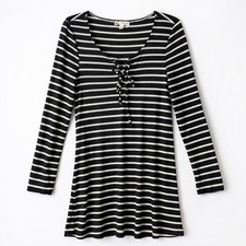 About a Girl Dress Womens Large Stripes Tunic Lace up Neckline Stretch Boho