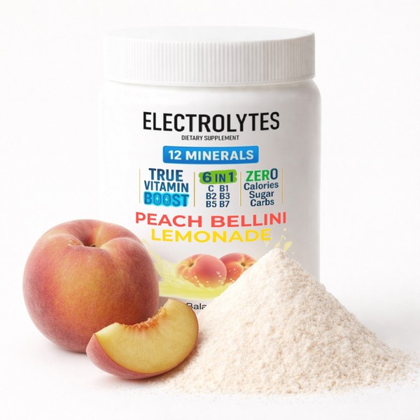 Polvo de hidratación complejo electrolítico | 12 minerales + 6 vitaminas | Bellini melocotón