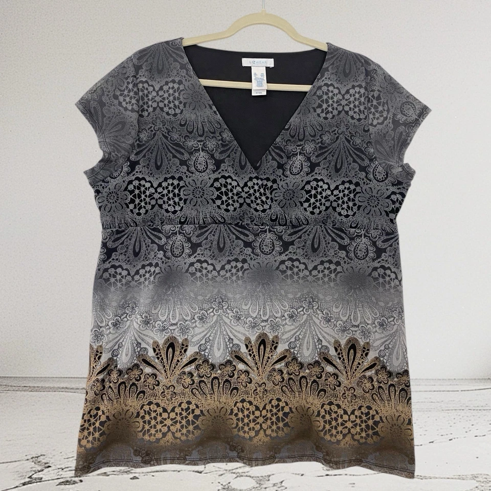 Top para mujer Liz Wear con superposición de malla floral cuello en V talla XXL Y2K otoño boho chic Foto 2 de 4