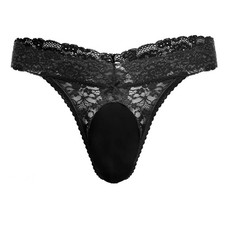 IBAKOM Men's Lace Frilly Sissy Thong Panties Sheer Large, Black-glossy Pouch