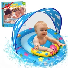 Baby Pool Float with Canopy - Inflatable Baby Swimming Float with UPF50+Sun P...