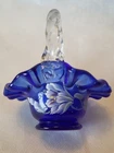 Fenton Hand Painted Cobalt Blue Glass Mini Basket With White Flowers Signed