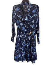Gracia Belted Floral Pleated Dress Womens - Navy - XL