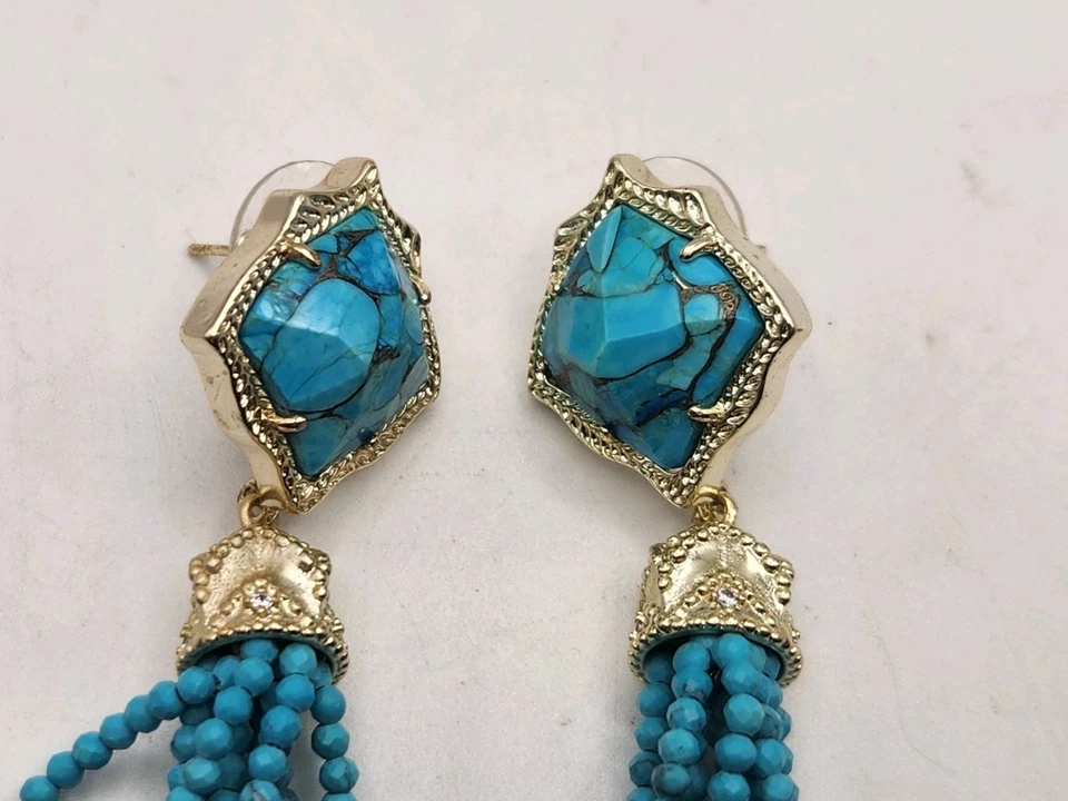 Kendra Scott Misha Bronze Veined Turquoise Beaded Tassel Fringe Earrings - Image 2 of 4