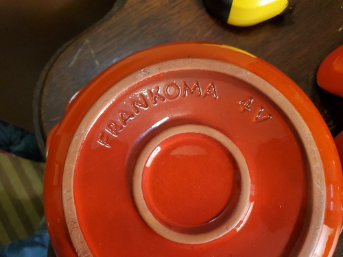 Vintage MCM Frankoma Flame Red Orange Bean/Fondu Pot, Lid, Votive Warmer 1960s - Picture 8 of 12