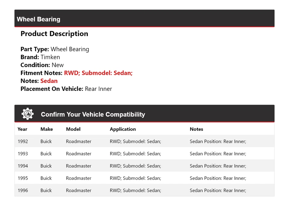 Cojinete de rueda interior trasero Timken 1993 para Buick Roadmaster 1992-1996 sedán tracción trasera Foto 2 de 4