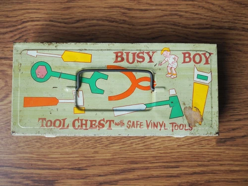 Vintage Busy Boy Metal Tool Chest box Vinyl Tools Ohio Art USA