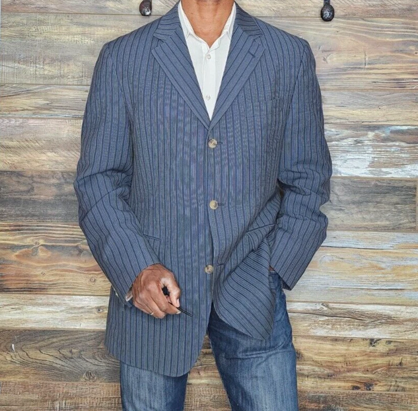 Jack Victor Mark Shale Canada 100% Wool Blue Ribbed Blazer Sport Jacket Size 43L - Image 2 of 4