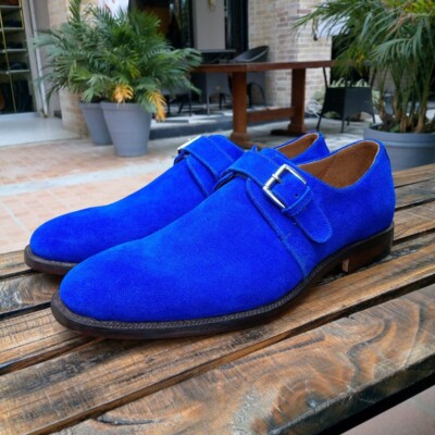 Men's Bespoke Blue Suede Monk Strap Shoes Handmade