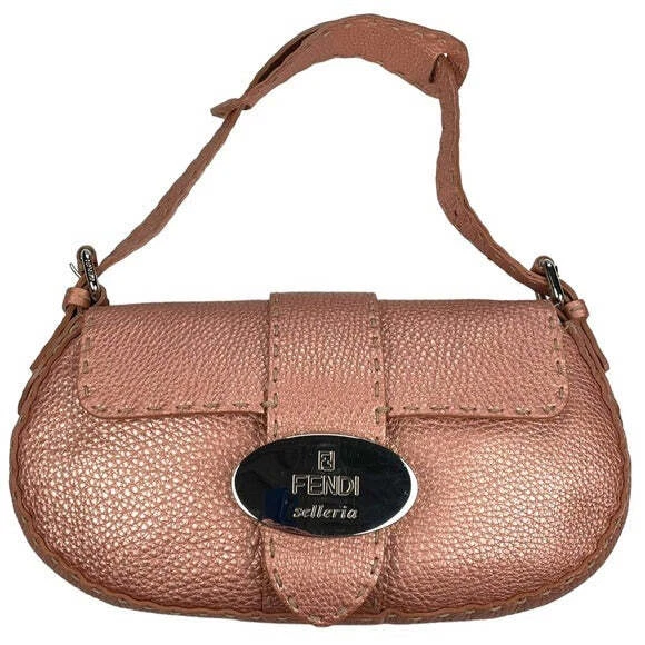 Fendi Selleria Sterling Rose Gold Metallic Baguette Shoulder Purse