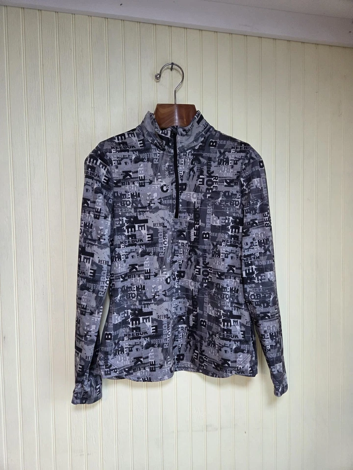 Pullover Reebok para mujer grande gris negro cuarto cremallera estampado de logotipo atlético Foto 2 de 4