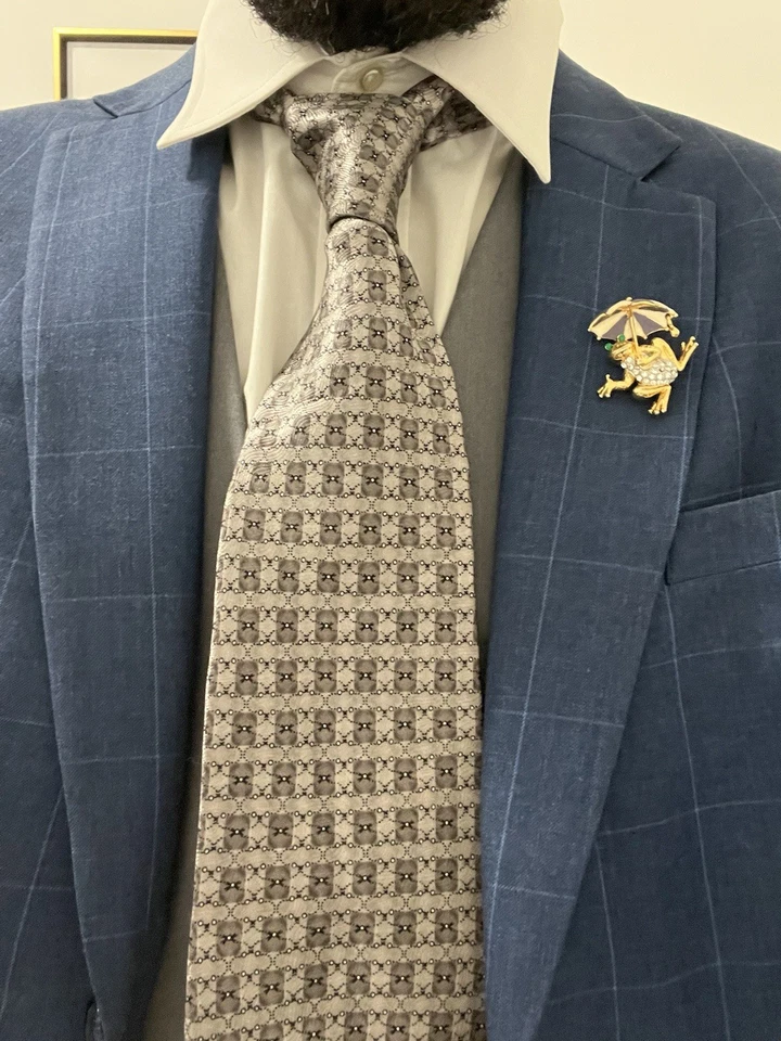 Mezcla de seda de diseñador geométrico marrón blanco gris carbón vintage para hombre Foto 3 de 3