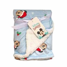 Disney Christmas Light Blue Mickey Mouse Sherpa Holiday Baby Blanket