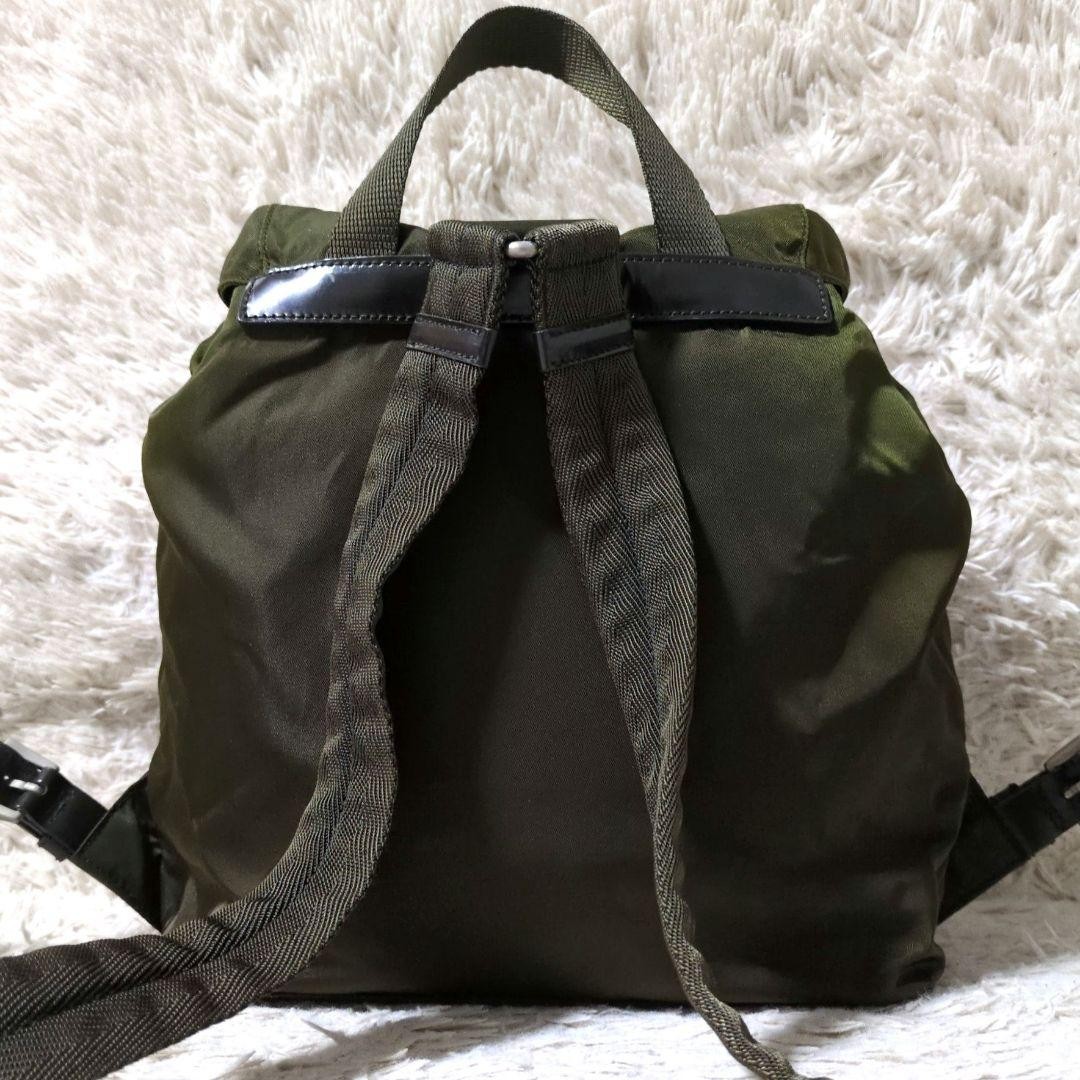 PRADA Backpack Test Nylon Triangle Logo Khaki Lea… - image 3