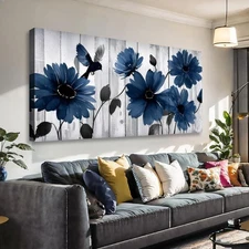 Large Blue Floral Canvas Wall Art, Modern Daisy Flower Print with Bird, Livin...
