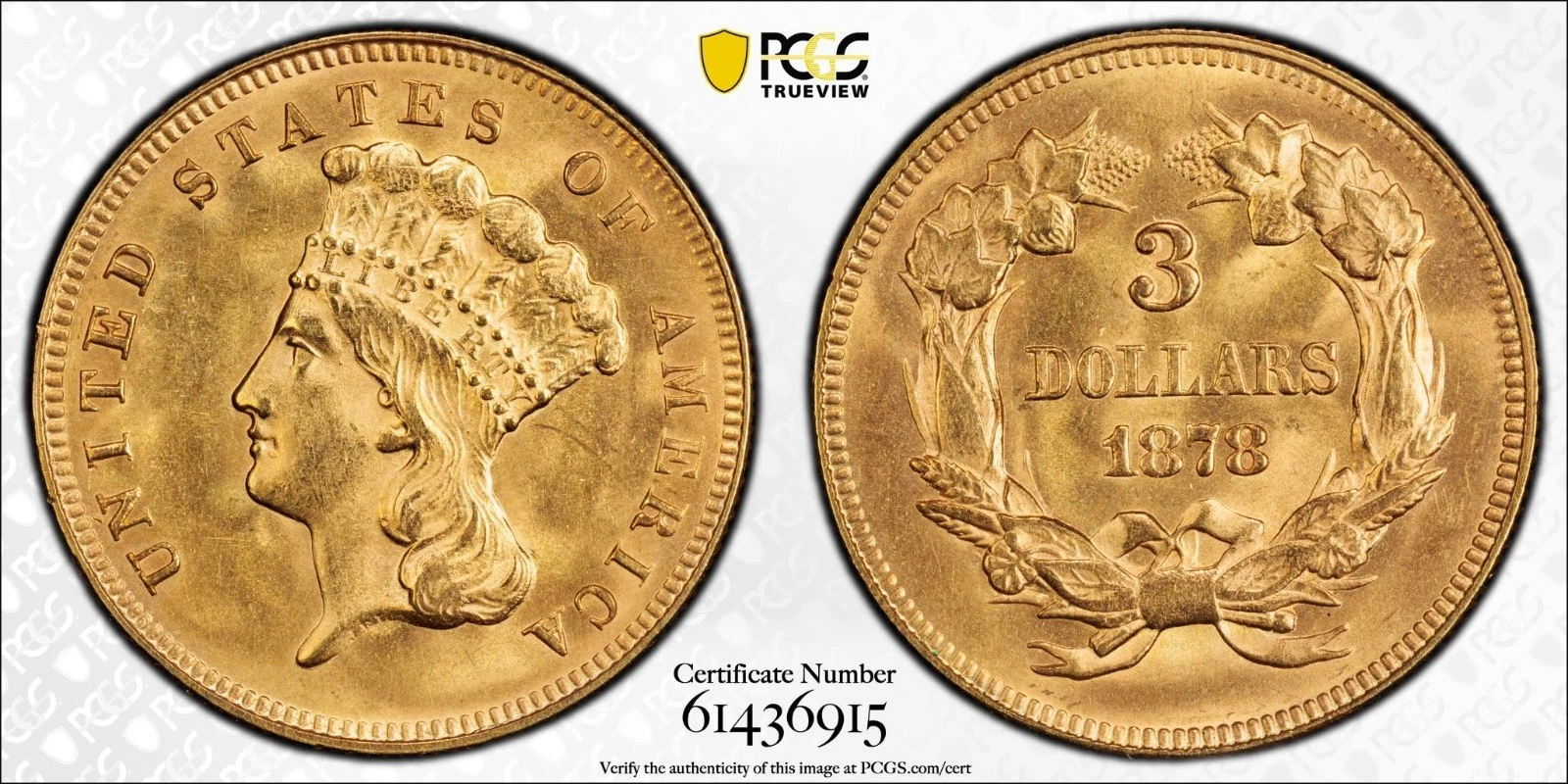 1878 $3 Gold Princess PCGS MS64 – Low Mintage Type Coin