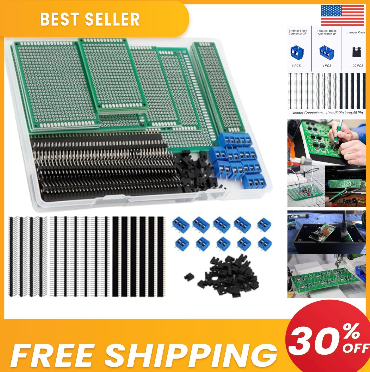 174 Piece PCB Circuit Board Prototype Kit 6 Sizes FR4 1.6mm Header Terminal
