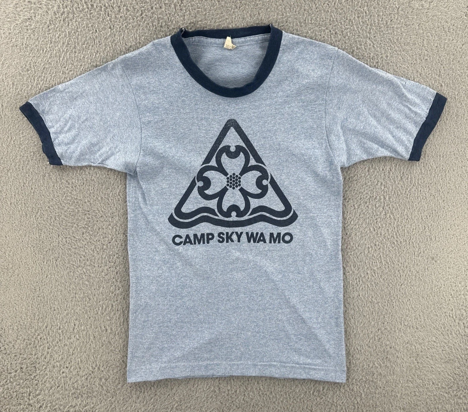 Vtg Screen Stars Adult Small Made In USA Blue Ringer Shirt CAMP SKY WA MO Tee