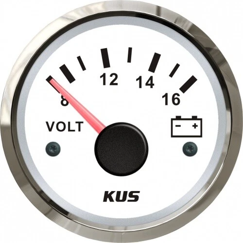 KUS - Voltmeter, weisses Display mit Edelstahl-Lünette, 8 - 16 Volt