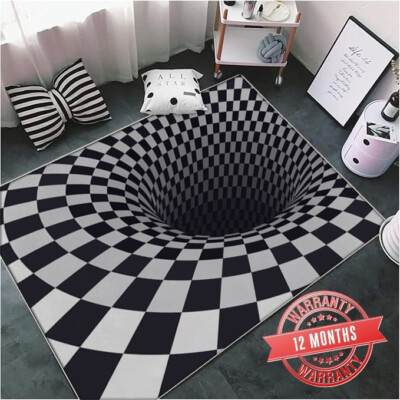 Optical Illusion Printed Area Rug, Machine Washable Black White Checkered Carpet