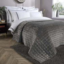 Grey Quilted Velvet Double Sided Throw Bedspread & Bed Runner Super Soft Cosy