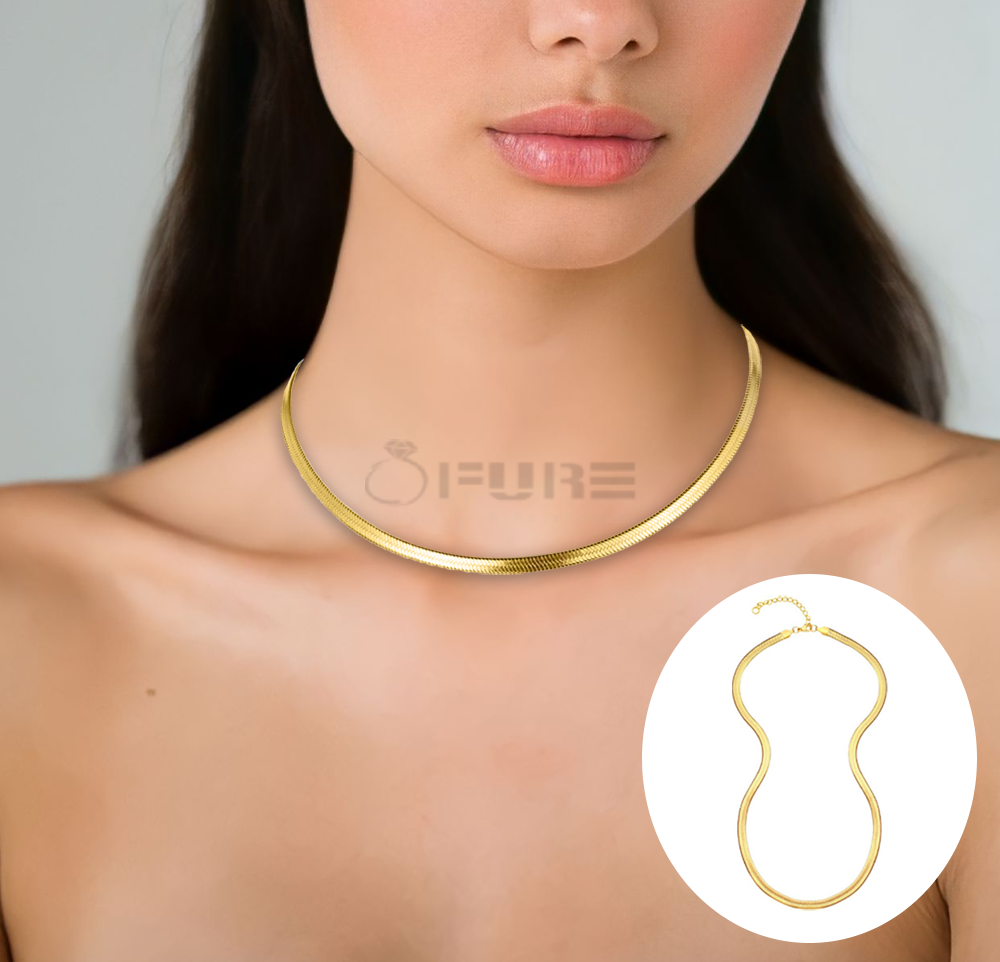 Herringbone Flat Snake Chain Dainty Choker Necklace Gold Plated