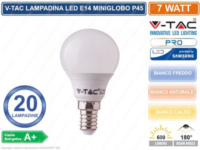 10 pezzi, Lampadine LED V-Tac E14, 4W (320 lumen equivalenti a 30W), Forma: MiniGlobo, Luce Bianco Caldo, Naturale o Freddo 1 Adattatore Omaggio