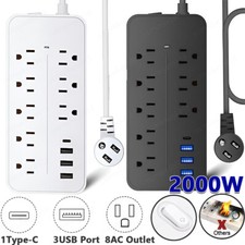 Surge Protector Power Strip 8 Outlet w/ 3 USB Type C Ports 3.7ft Extension Cord