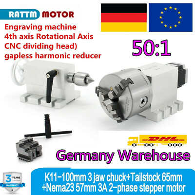 Gapless Harmonic Rotary 4th Axis 100mm 3-jaw Chuck CNC Router Dividing Head 50:1