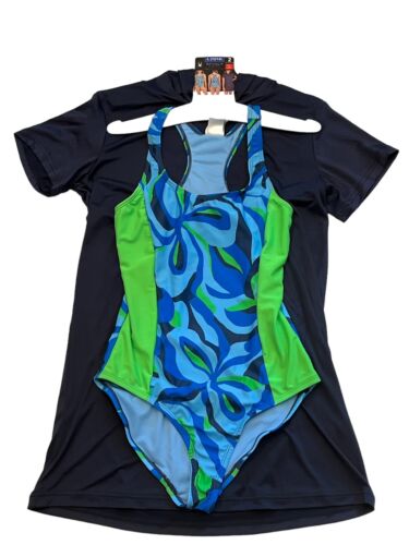Spyder Swim Set Girl Large 12/12 Navy Hooded Cover Up One Piece Swimsuit 30+ UPF