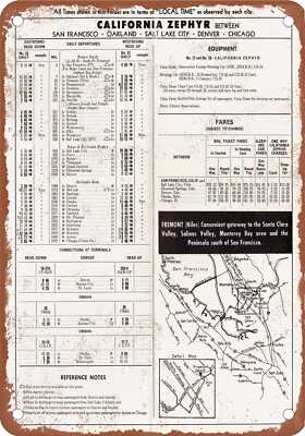 METAL SIGN - 1969 WP California Zephyr Route Map Schedule - Vintage Rusty Look