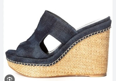 Stuart Weitzman Women's Denim Point Cutout Platform Wedge Slide Sandles (Size 9)