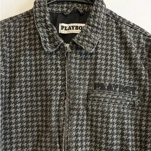 Playboy by PacSun Mens Houndstooth Denim Zip Up Jacket Black Grey Streetwear - product listing photo