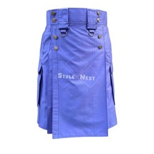 Traditional Blue Cotton Utility Kilt with Cargo Pockets   Sizes 28"-60"