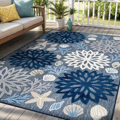 #ad Indoor Outdoor High Low Textured Area Rug Coastal Floral Easy Clean Patio R... $161.34